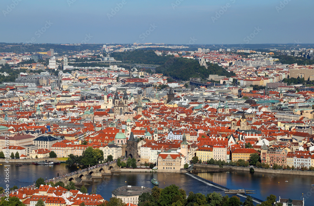 aerial view of Prague City in Czech Republic with charles bridge