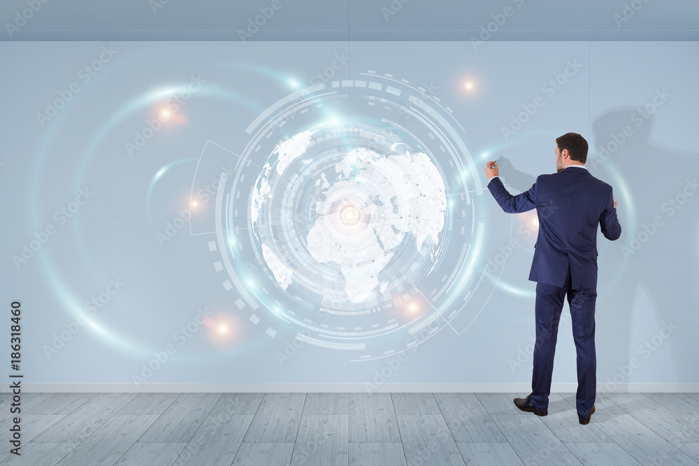 Businessman using digital planet earth interface on a wall 3D rendering Businessman using digital planet earth interface on a wall 3D rendering