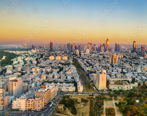 Aerial sunset view of Tel Aviv, Israel.