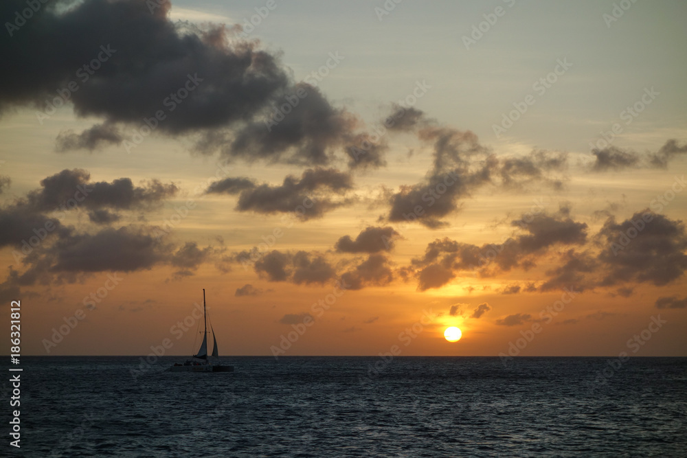 Beautiful golden sunset in the Caribbean island of Aruba