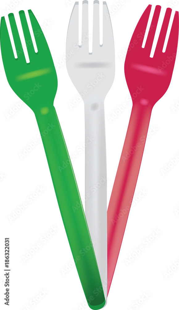 forchette di plastica usa e getta tricolore Stock Vector