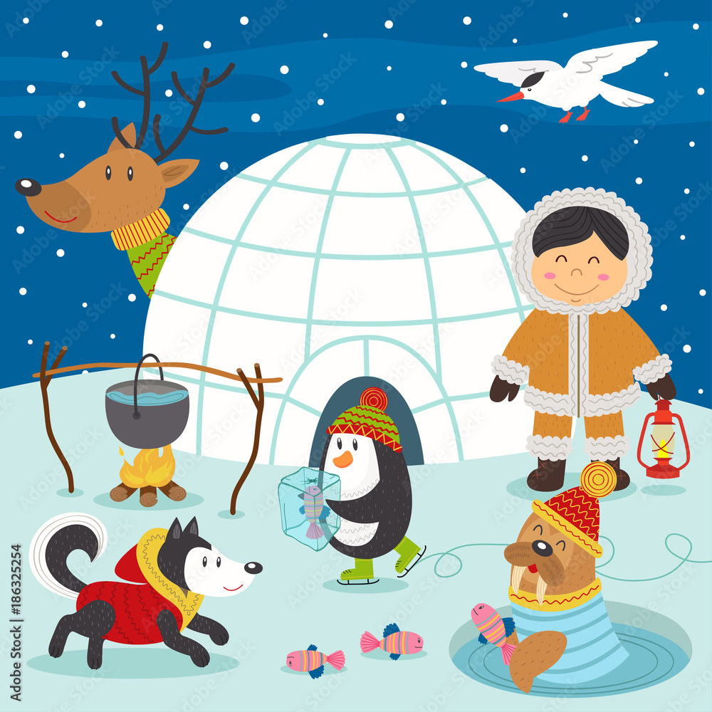 Naklejka premium Eskimo boy and arctic animals on North Pole - vector illustration, eps