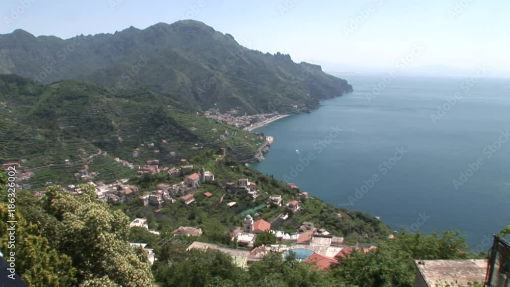 Zoom in, coastal town in Italy mountains Zoom in, coastal town in Italy mountains