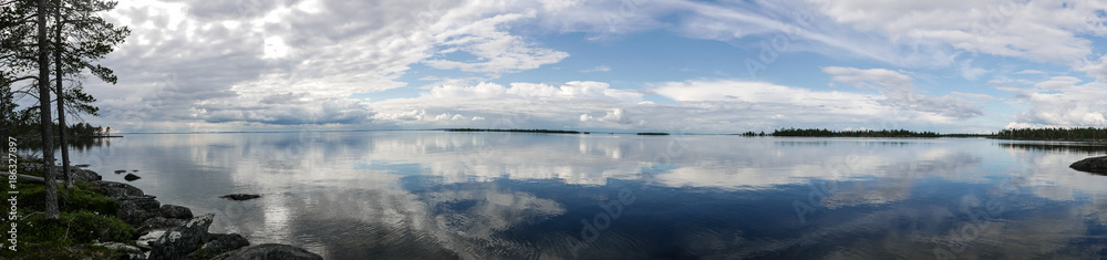 A panorama landscape background with reflective water.