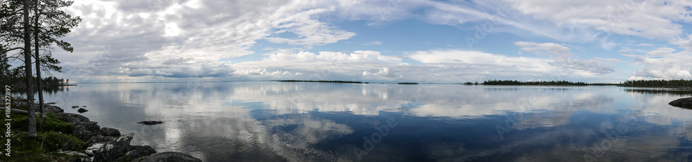 A panorama landscape background with reflective water. A panorama landscape background with reflective water.