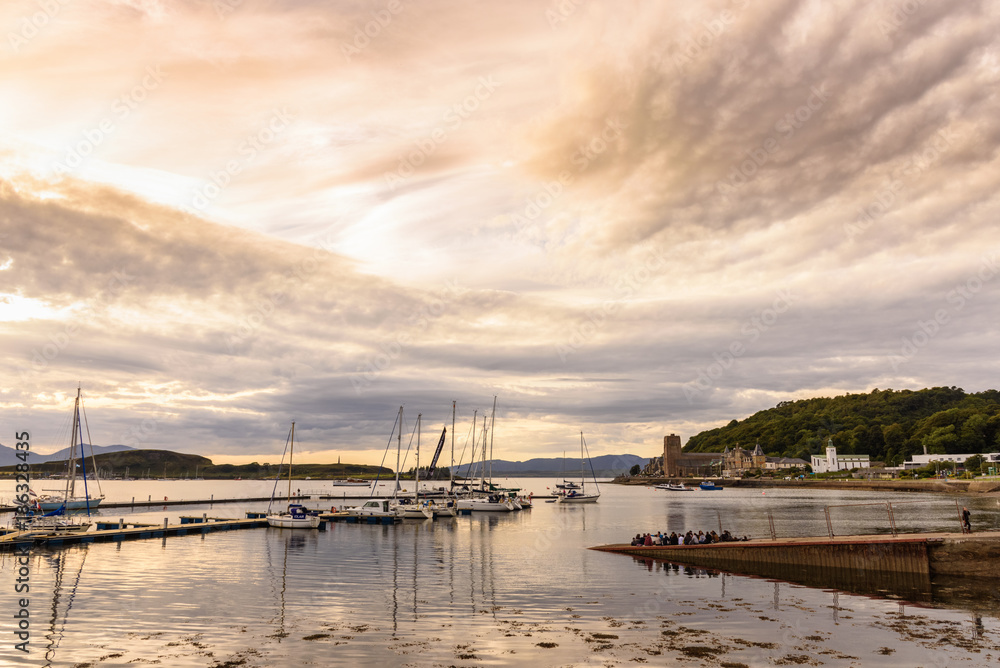View of the port of Oban, Scotland at sunset