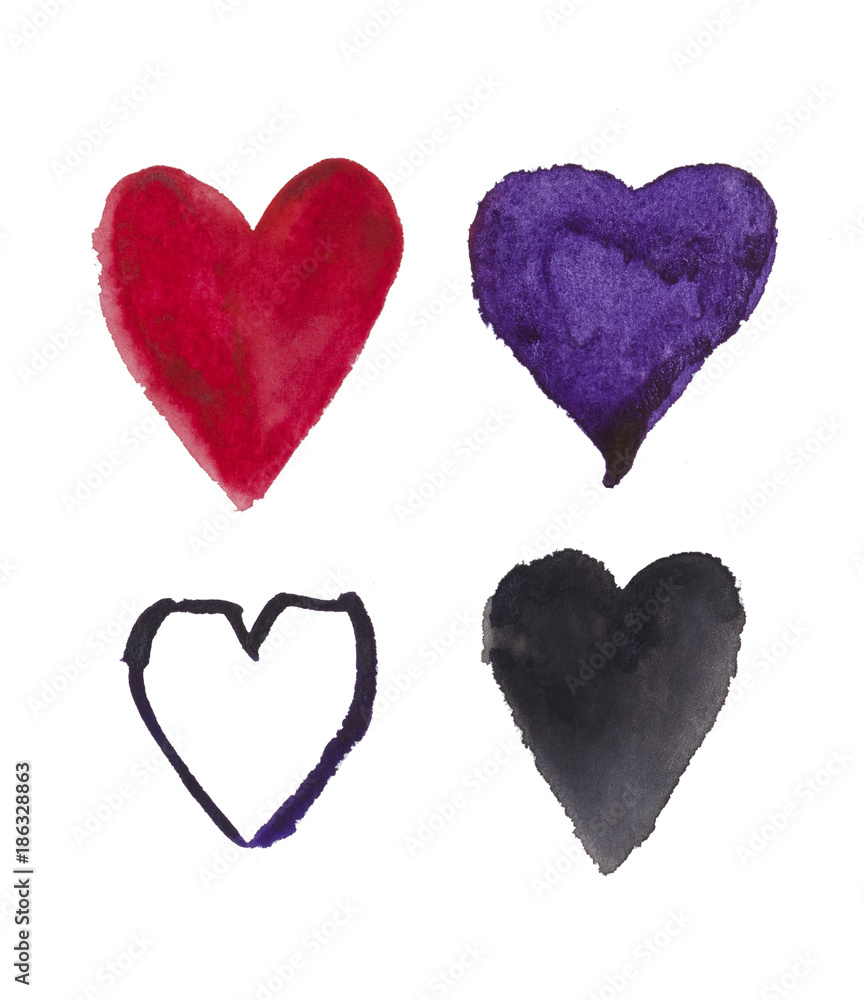 Hand-drawn Four watercolor stylized hearts. Can be used as single element or in compositions. Perfectly for use in polygraphy gift cards, wrapping paper etc .