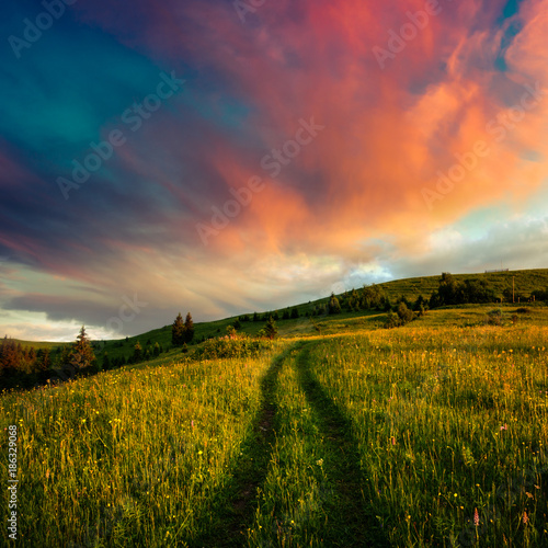 Picturesque summer landscape with colorful sunrise on Carpathian mountains  Ukraine  Europe