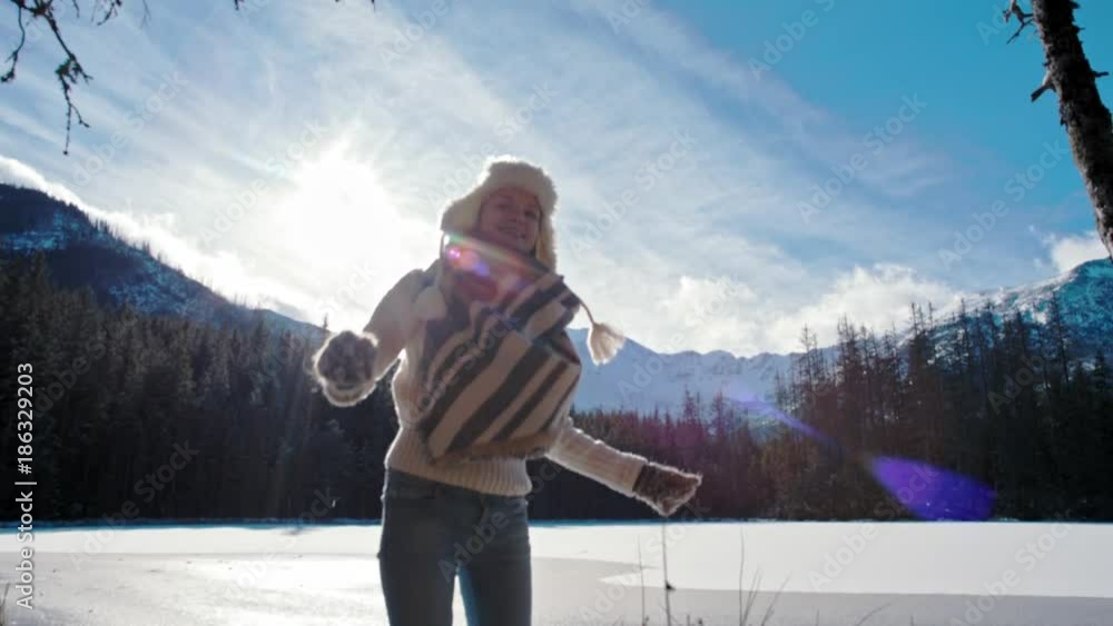 Joyful Lady is Jumping in Slow Motion as a Successful Winner Bobbing Up