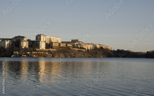 Apartment houses at Stockholm waterfront in midwinter sun
