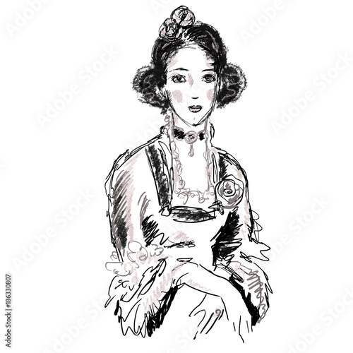Female portrait in antique style. Hand drawn young charming lady in ball gown of victorian era for design, prints, posters, illustrations, banners, advertising, articles, decor