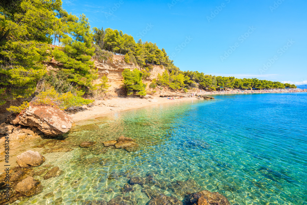 Fototapeta premium View of beautiful beach near Zlatni Rat at Bol on Brac island in summertime, Croatia