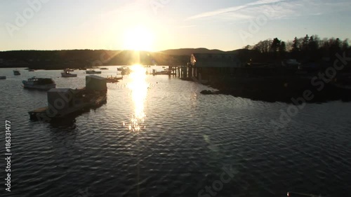 Wide, sunset over Maine docks