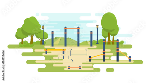 Street workout place for fitness and strength training. City sport park. Element and equipment for urban outdoor training. Sport background.