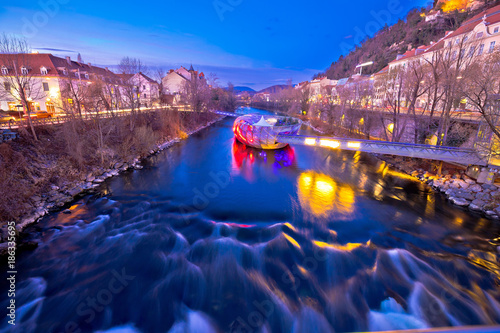 City of Graz Mur river and island evening view photo