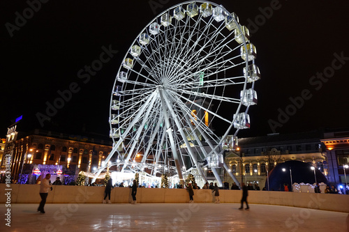 Kiev winter, Podol, Kontraktova square, new 2018 year eve, Ferris wheel