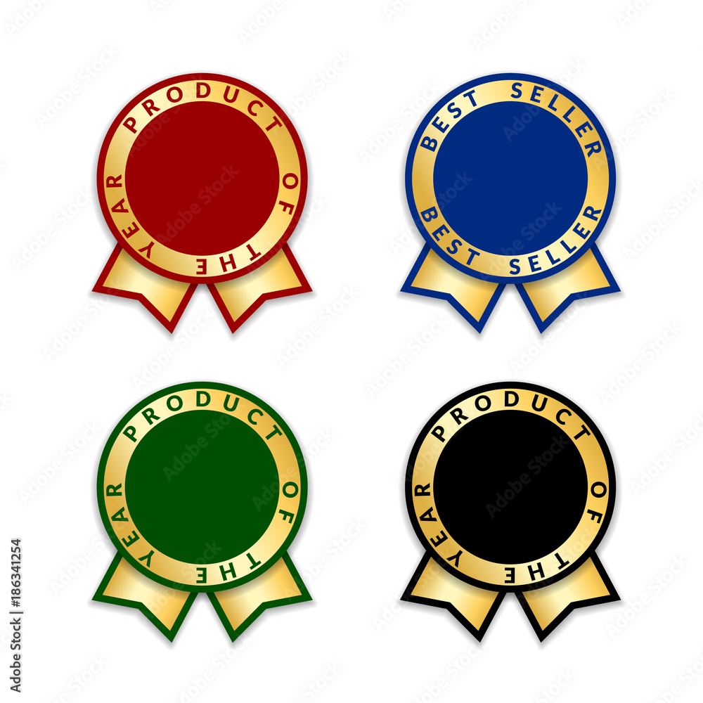 Ribbons award best product of year 2017 set. Gold ribbon award icons isolated white background. Best product golden label for prize, badge, medal, guarantee quality product. Vector illustration Ribbons award best product of year 2017 set. Gold ribbon award icons isolated white background. Best product golden label for prize, badge, medal, guarantee quality product. Vector illustration