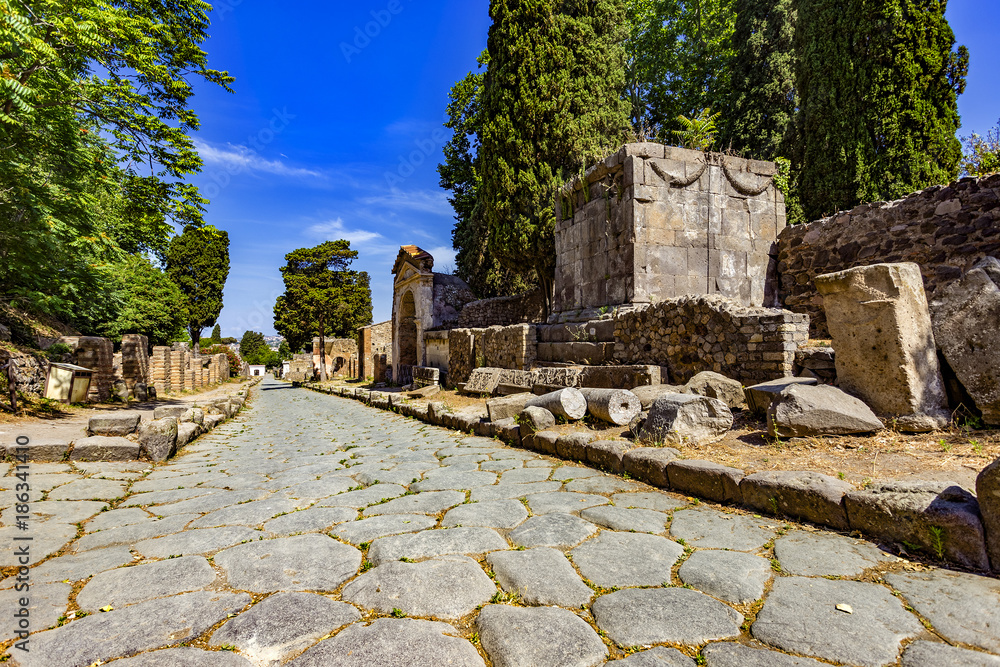 Italy. Ancient Pompeii (UNESCO World Heritage Site). The necropolis of Porta Ercolano along Via delle Tombe