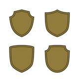 Shield shape bronze icons set. Simple flat logo on white background. Symbol of security, protection, safety. Element badge for protect design emblem decoration Vector illustration
