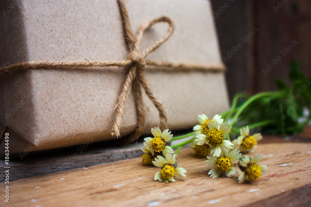the gift and little tridex daisy flower on old wood background