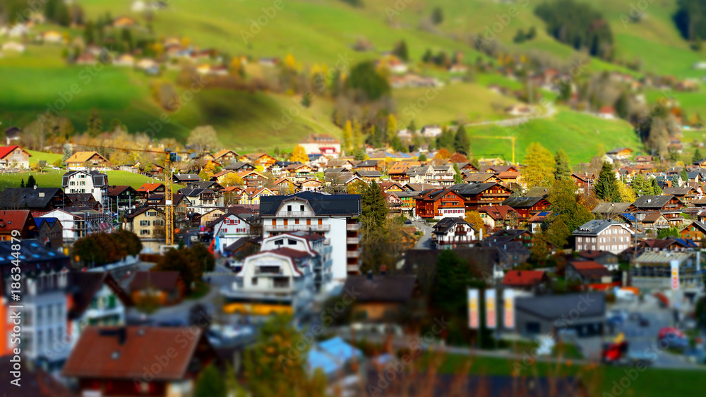 Green hills in swiss valley tilt shift view, sunny day