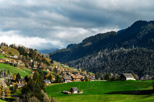 Ideal place for living and leisure in the beautiful green valley  swiss Alps. Little city near the high mountains.
