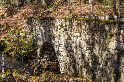 woman taking photo of old stone bridge on the road to the santanoni great camp photo