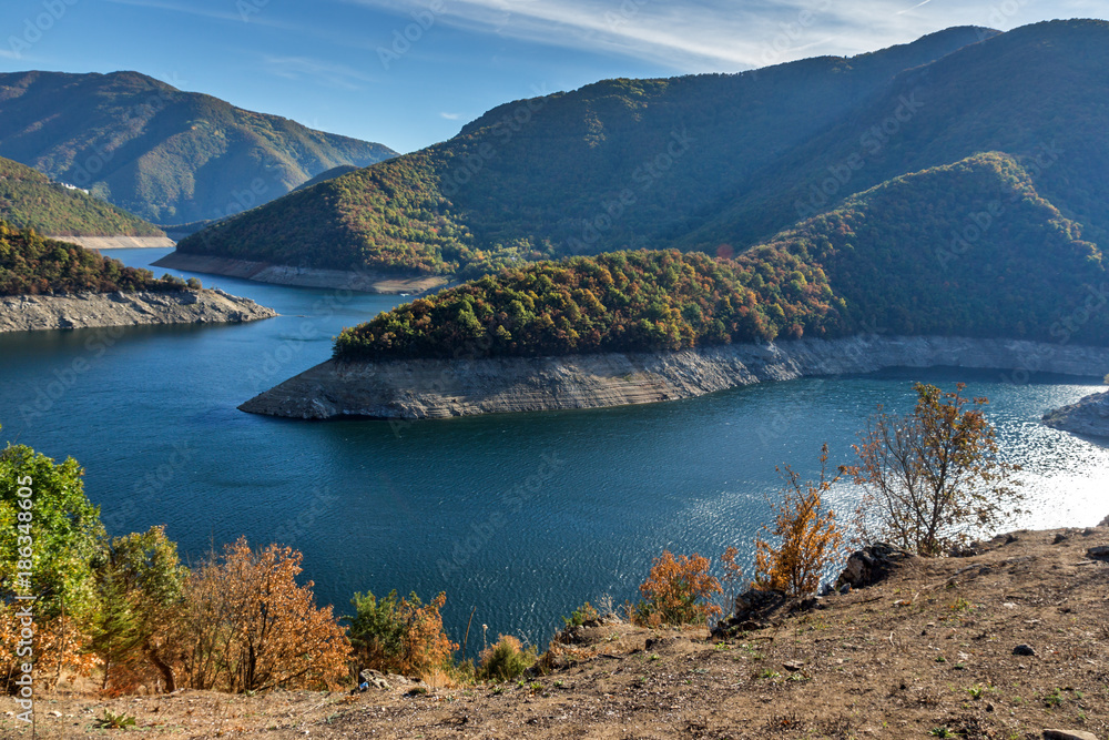 Fototapeta premium Amazing Autumn landscape of Meander of Vacha (Antonivanovtsy) Reservoir, Rhodopes Mountain, Bulgaria