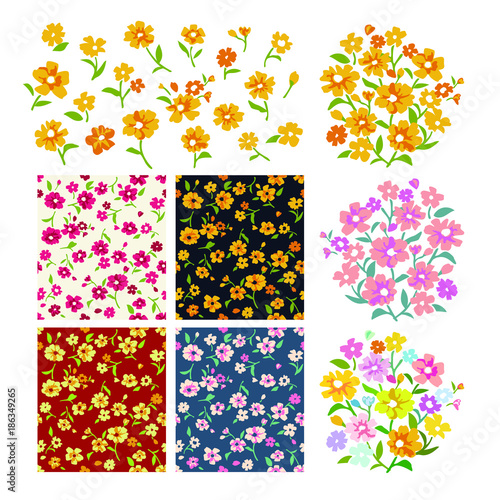 花のベクター素材セット　Set of flower vector illustrations - parts ,  bouquet ,  color patterns