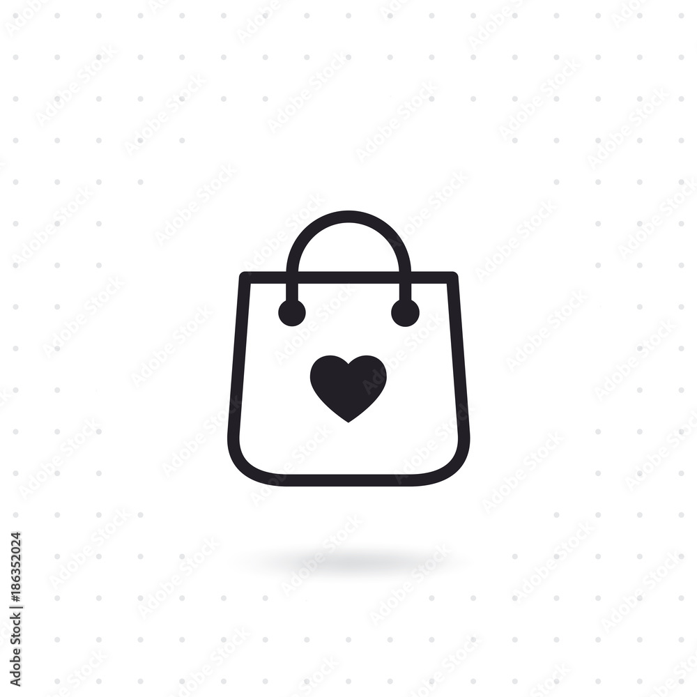 Bag shopping vector icon with heart symbol. Shopping bag vector in flat style on white background. Flat line vector illustration Bag shopping vector icon with heart symbol. Shopping bag vector in flat style on white background. Flat line vector illustration