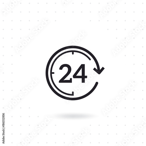 24 hours flat vector icon. Flat line design open 24 hours. Non stop working shop or service. Outline clock symbol. Twenty four hours icon. Flat line vector illustration