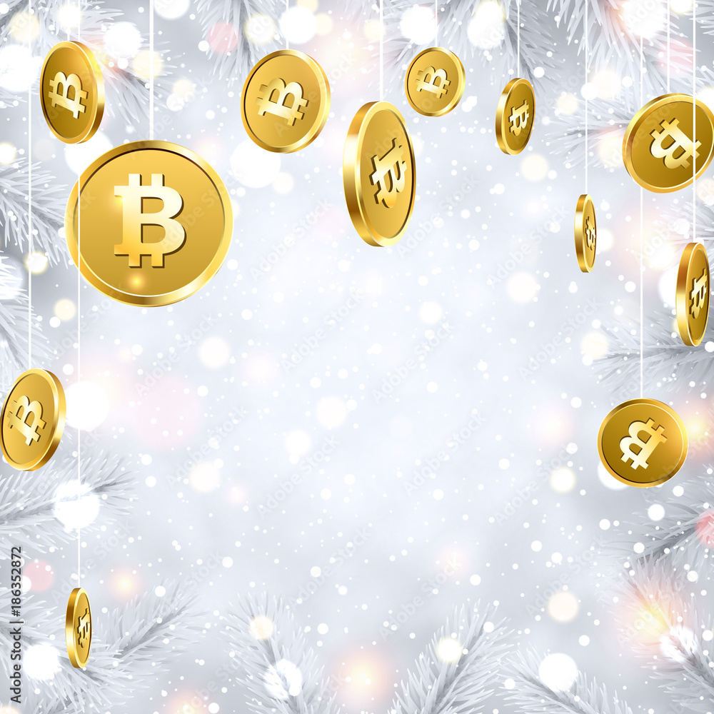 Shiny winter background with gold bitcoins. Shiny winter background with gold bitcoins.
