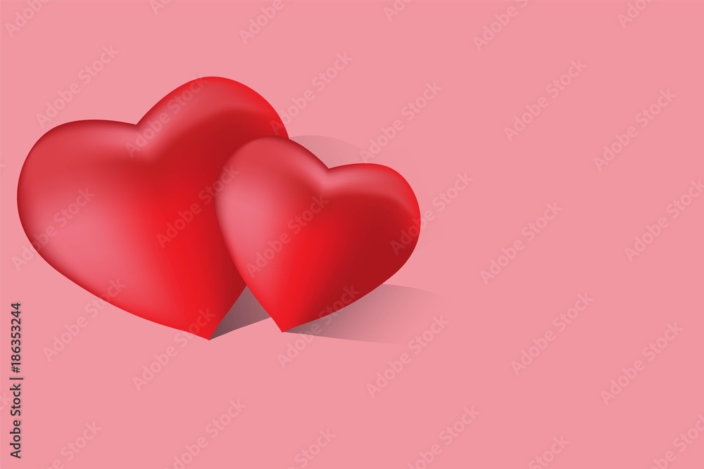 Happy Valentines Day card. Vector illustration background with two hearts, pink and rad color