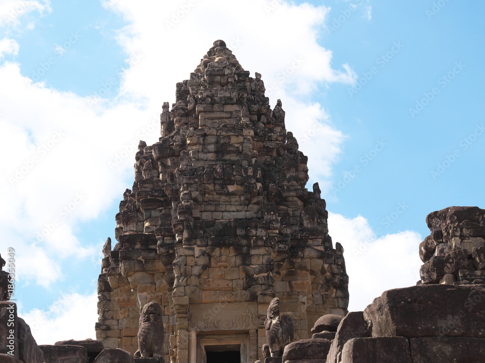 Siem Reap-December 24, 2017:Bakong is the first temple mountain of sandstone constructed by rulers of the Khmer empire at Angkor near modern Siem Reap in Cambodia.
