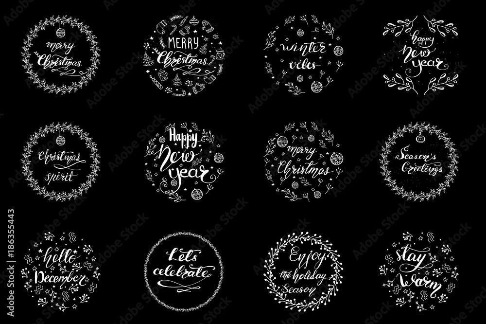 Set of Greeting card designs with Christmas lettering. Vector illustration.