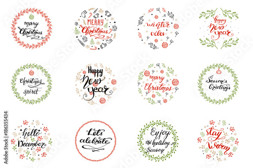 Set of Greeting card designs with Christmas lettering. Vector illustration.