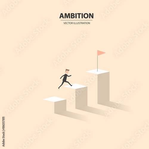 Businessman jumps on graph columns with his high ambition. A concept of success, achievement, motivation. Vector illustration.