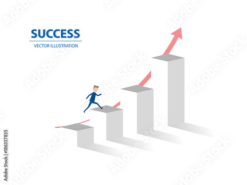 Businessman jumps on graph columns with his high ambition. A concept of success, achievement, motivation. Vector illustration.