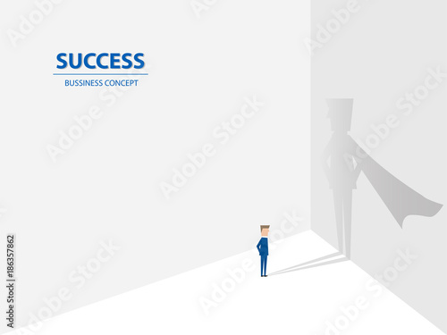 Businessman with his superhero shadow on the wall of achievement. Business concept of great vision, leadership, ambition and teamwork. Vector illustration.