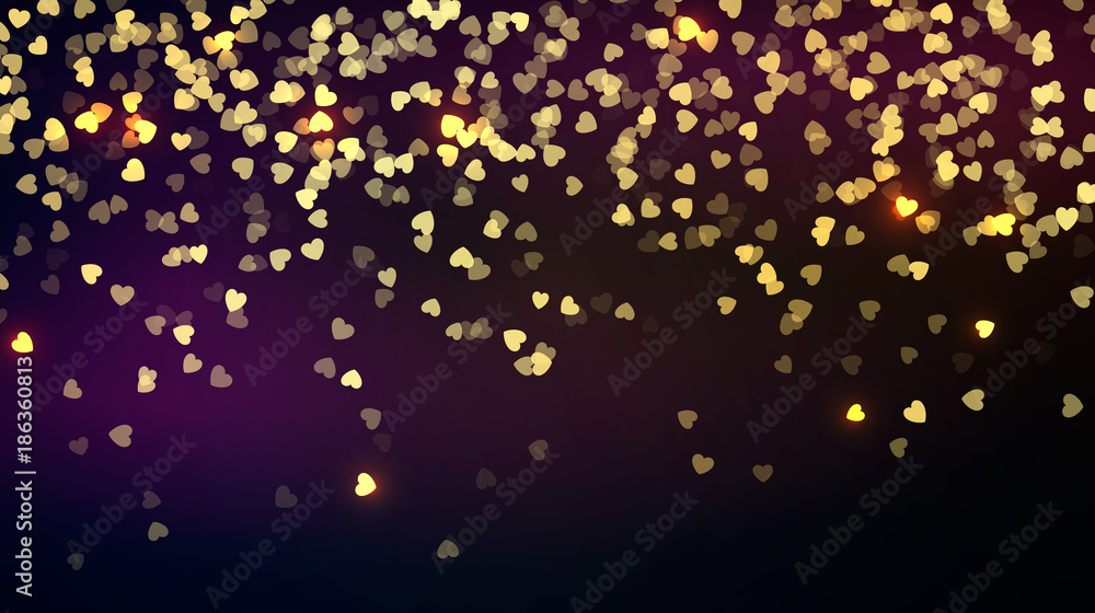 Confetti golden falling hearts. Saint Valentine's day vector background isolated on dark