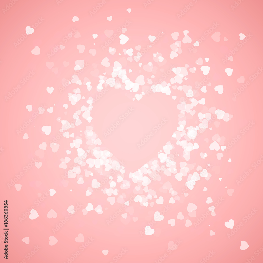 Heart shape confetti. Splash with pink heart frame inside. Happy Valentine`s day card. Vector illustration