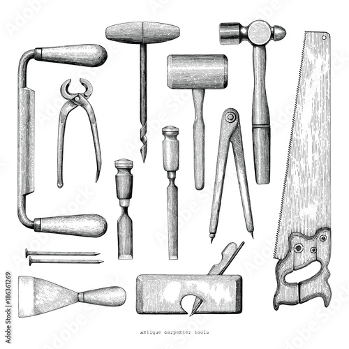 Antique carpenter tools hand drawing vintage style on white background