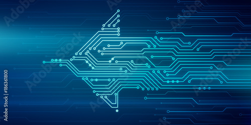Abstract digital illustration of microchip board in arrow shape movingfrom right to left on blue background. Technology concept image.