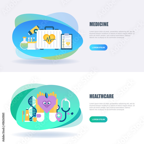 Flat concept web banner of online medical diagnosis and treatment, ambulance, healthcare mobile app, health plan management. Conceptual vector illustration for web design, marketing, graphic design.