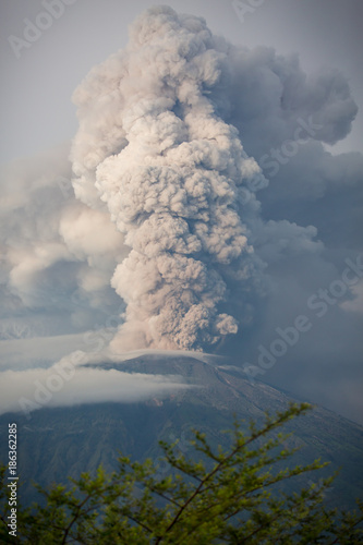 Mount Agung volcano erupting in Bali Indonesia. 