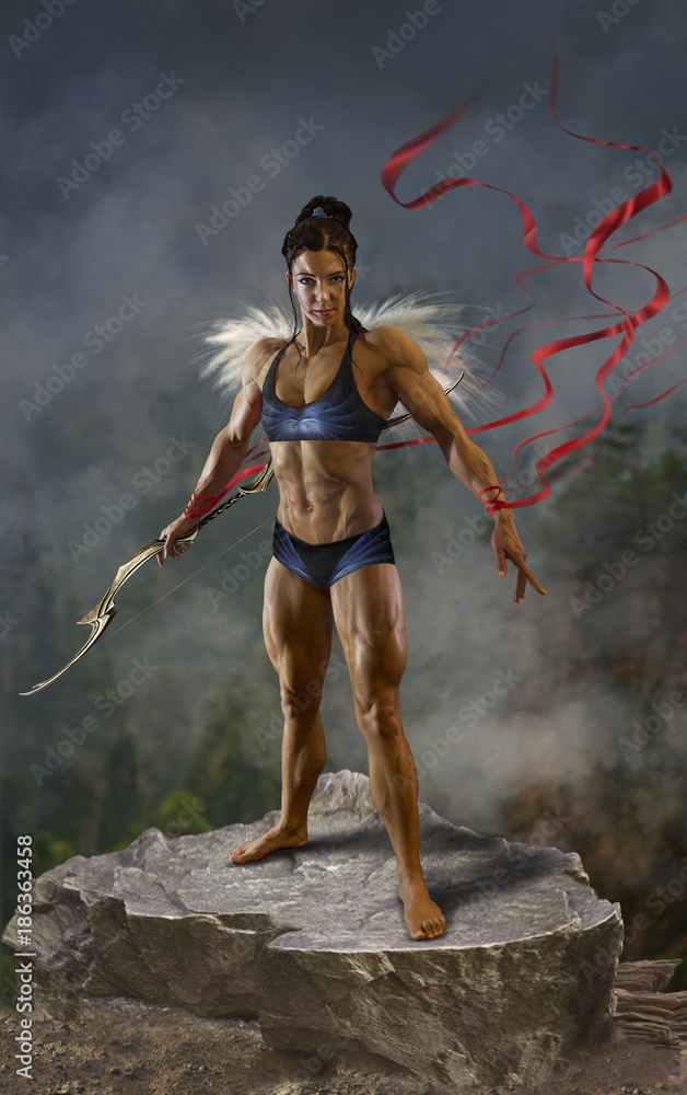 Beautiful muscular female action heroine with a bow in one hand, white feathers on the back of her shoulders, and red ribbons flowing from her wrists, standing on a raised stone pedestal
