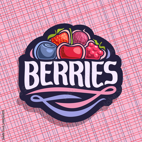 Vector logo for Berries, cut sign with fresh strawberry, red gooseberry, healthy blueberry, cherry berry, ripe raspberry on geometric background, veg mix label with text berries for vegan nutrition.