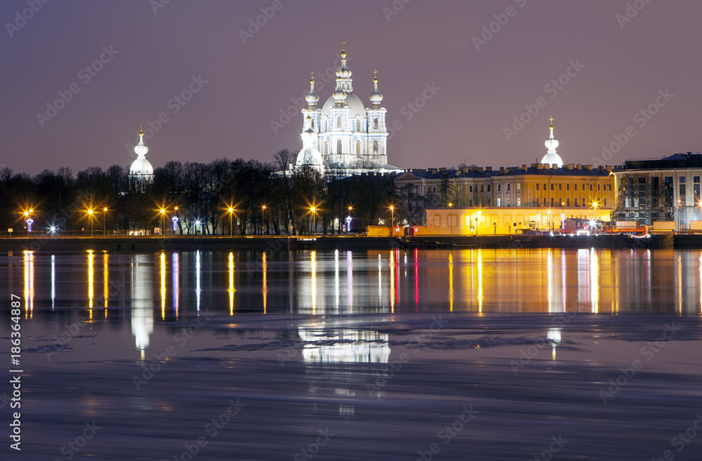 Fototapeta premium Evening view of the Smolny Cathedral and the Neva River. St. Petersburg. Russia