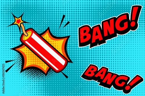 Comic book style background with dynamite stick explosion. Design element for banner, poster, flyer.