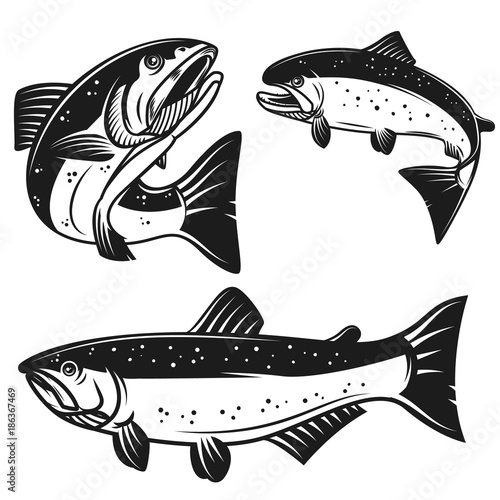 Set of salmon fish icons isolated on white background. Design element for poster, logo, label, emblem, sign, t shirt.